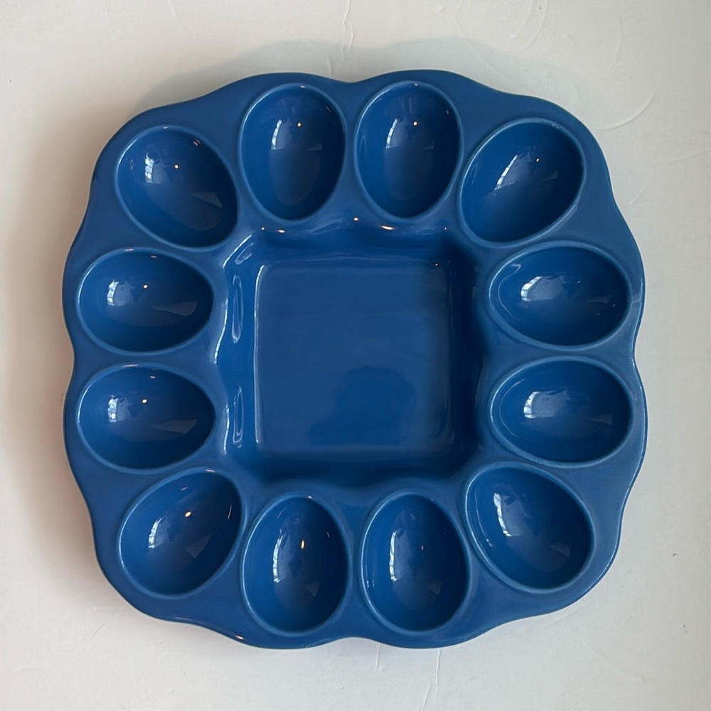 Farval Portugal Deviled Egg Blue Ceramic Platter Serving Dish